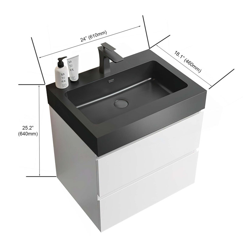 Meuble-lavabo de salle de bain avec lavabo, grand meuble-lavabo flottant mural pour salle de bain moderne, lavabo une pièce sans drain ni robinet, pré-assemblé