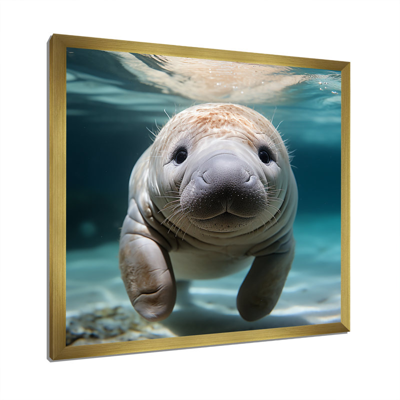 Curious Manatee Gaze III - Art mural lamantin, Encadrement doré, H 36 po x l 36 po x P 1,5 po