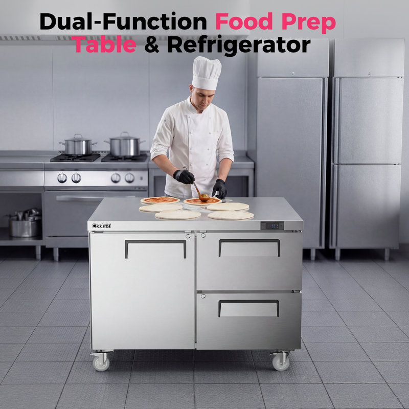Réfrigérateur commercial 48 po 12,1 pieds cubes avec plan de travail sous le comptoir et deux tiroirs - Station de préparation des aliments en acier inoxydable