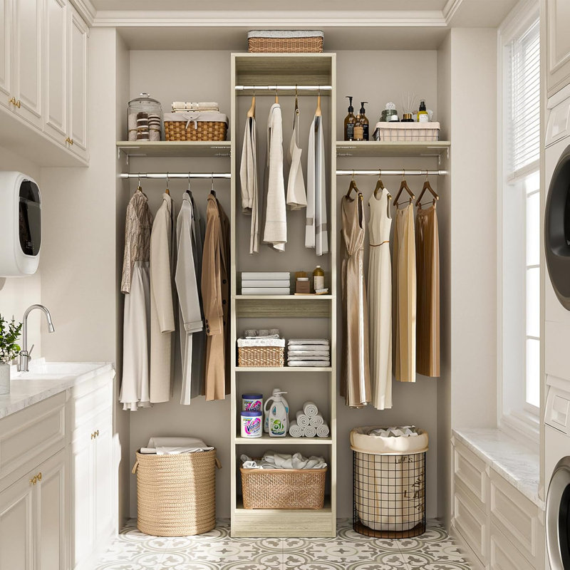 14.8'' - 47.2'' W Small Wood Closet System with Hanging Rods(Cut to Fit), White Oak