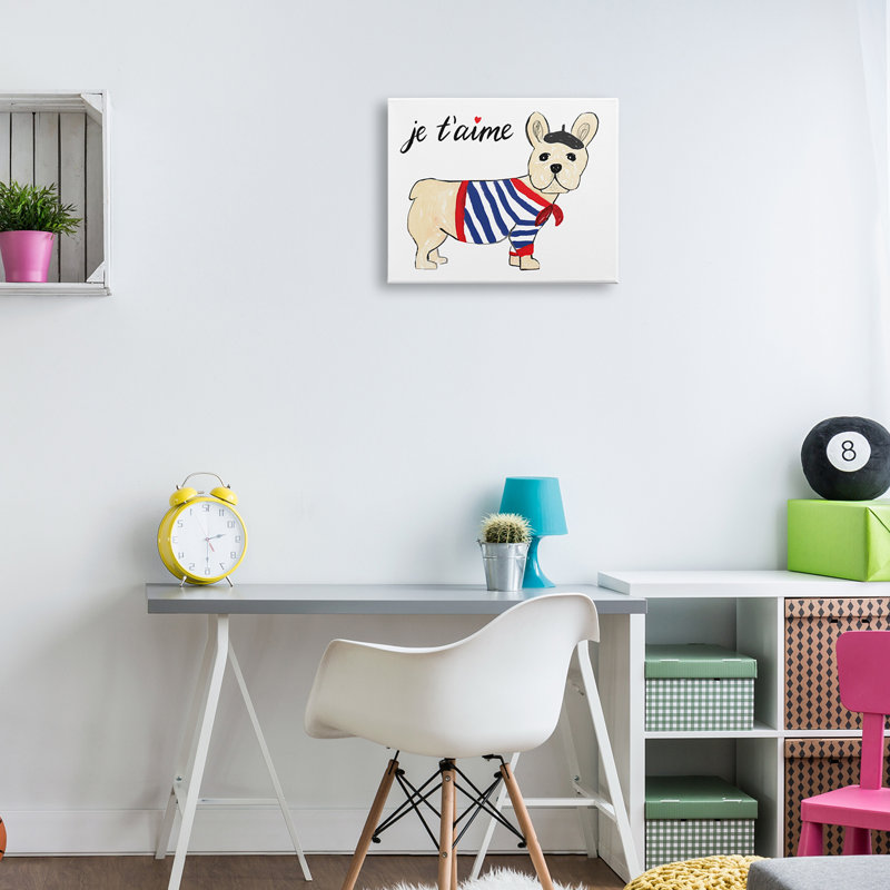 «Je T'aime», chien français portant un béret par Heather Strianese - peinture, Toile tendue, H 16 po x l 20 po x P 1,5 po