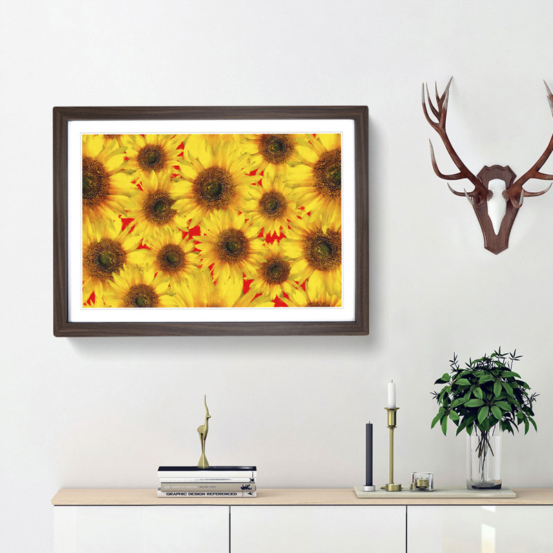Wall of Yellow Sunflowers - Picture Frame Graphic Art Print, 62cm H x 87cm W x 2cm D, Walnut Framed