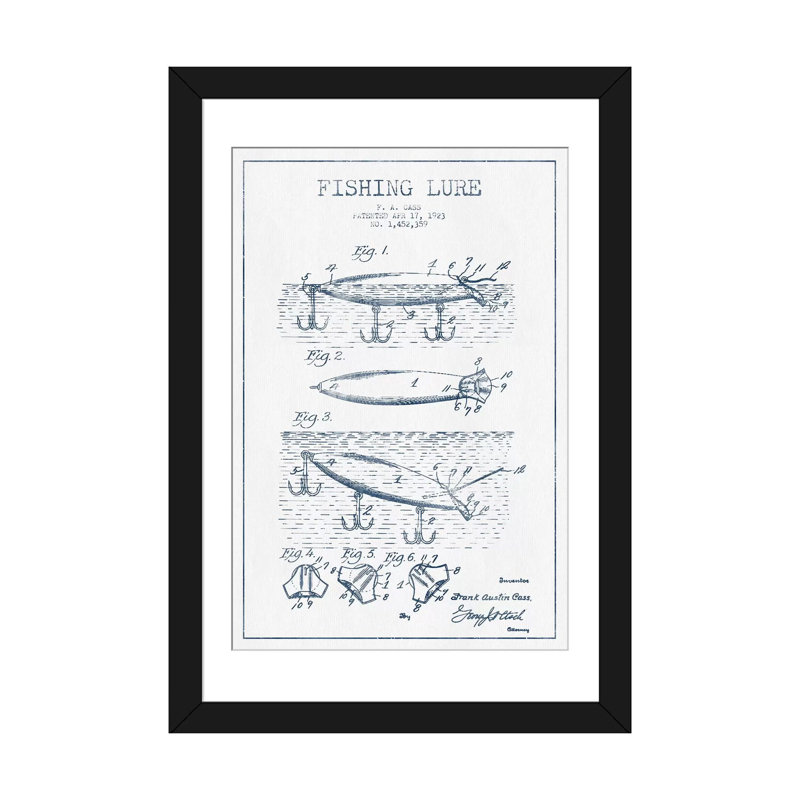 Croquis de brevet de F.A. Cass Fishing Lure par Aged Pixel - impression sur toile tendue, Papier d'art encadré noir, Blanc