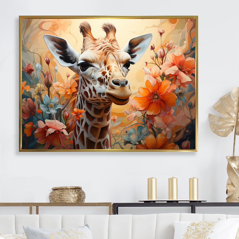 Girafe brune expressionniste Grace I, Cadre flottant doré, H 24 po x l 32 po x P 1 po