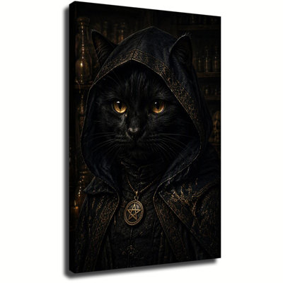 Black Cat Wizard Wearing Hooded Robe With Pentagram Pendant, Antique Apothecary Room Canvas Wall Art