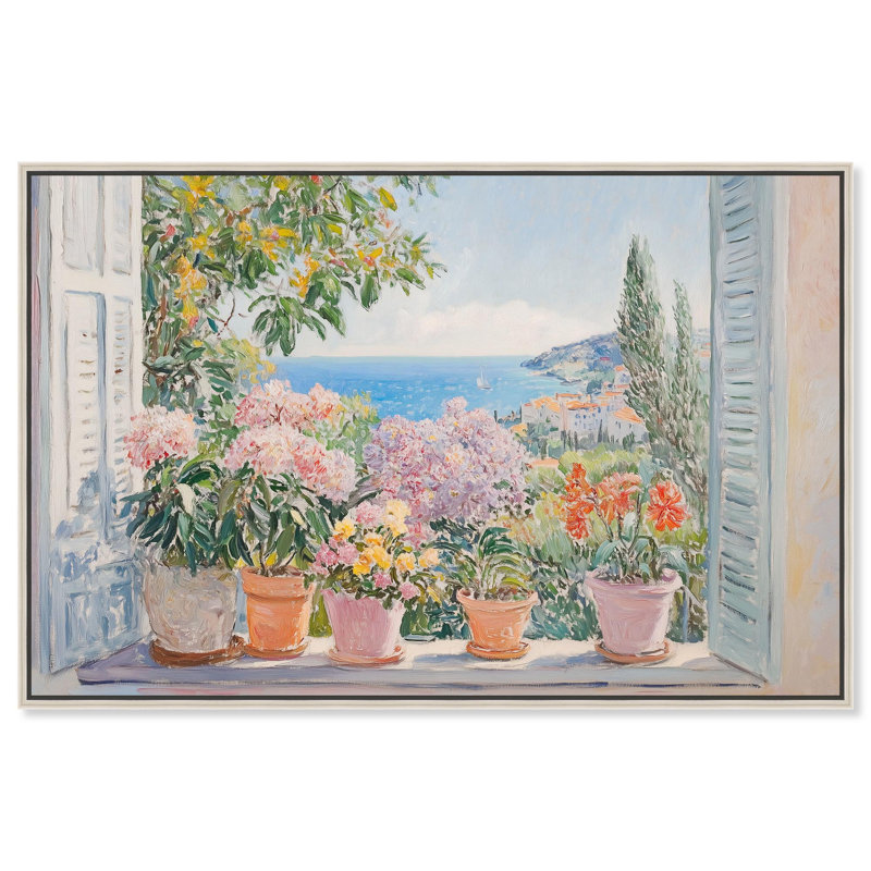 Fleurs méditerranéennes par Art Remedy, H 37 po x l 55 po, Cadre flottant, Argent argent