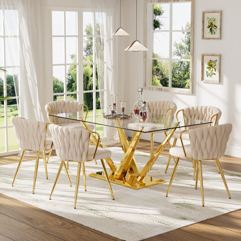 Ensemble de table de salle à manger Modern, 7 pièces : table, 6 chaises, Beige/or, Doré