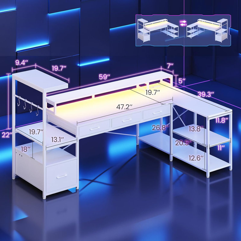  Bureau d'ordinateur 59 po, Blanc, Blanc