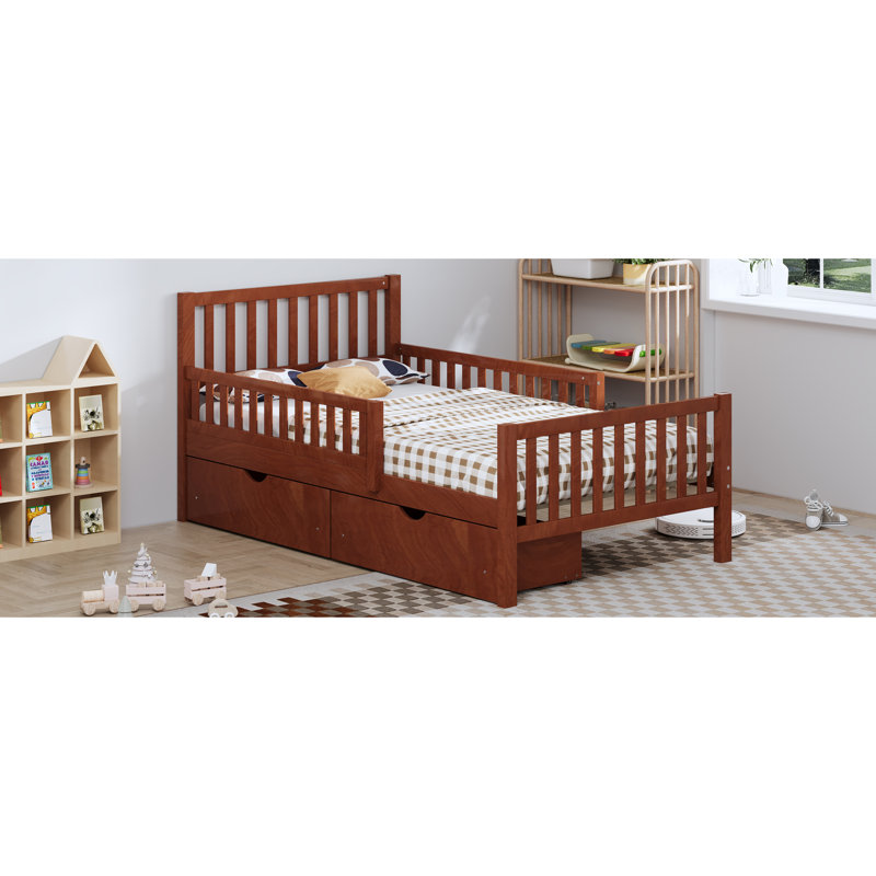 Lit simple, noyer, lit plateforme, garde-corps, tiroirs de rangement, conception de chambre simple et élégante, matériau solide léger, 8 lattes de bois, option de mobilier à utilisation d'espace