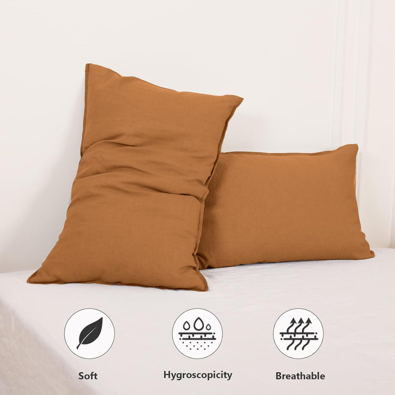 100% Linen Pillowcases Basic Style Solid Color Set Of 2,Stone Washed Flax Pillow Cover Envelope Closure, Rust