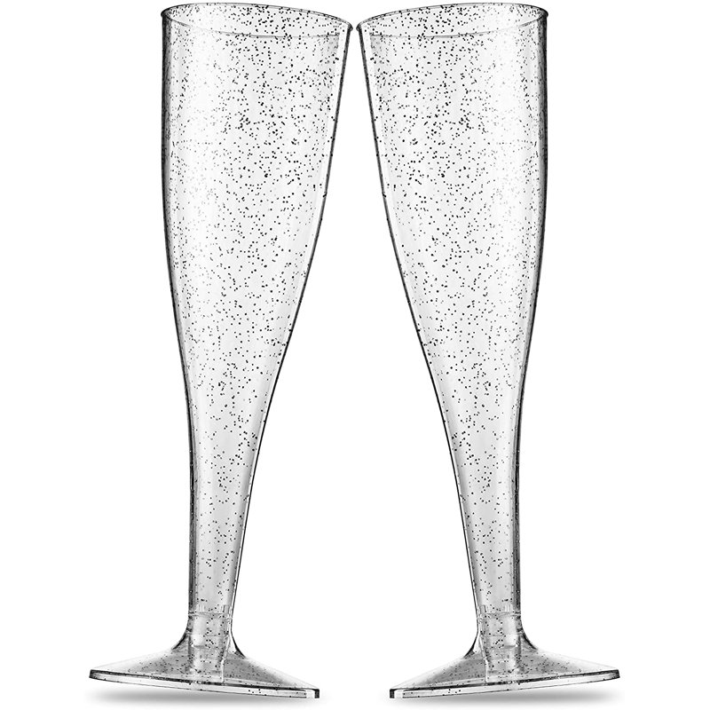 Plastic Disposable Champagne Flute Silver Glitter