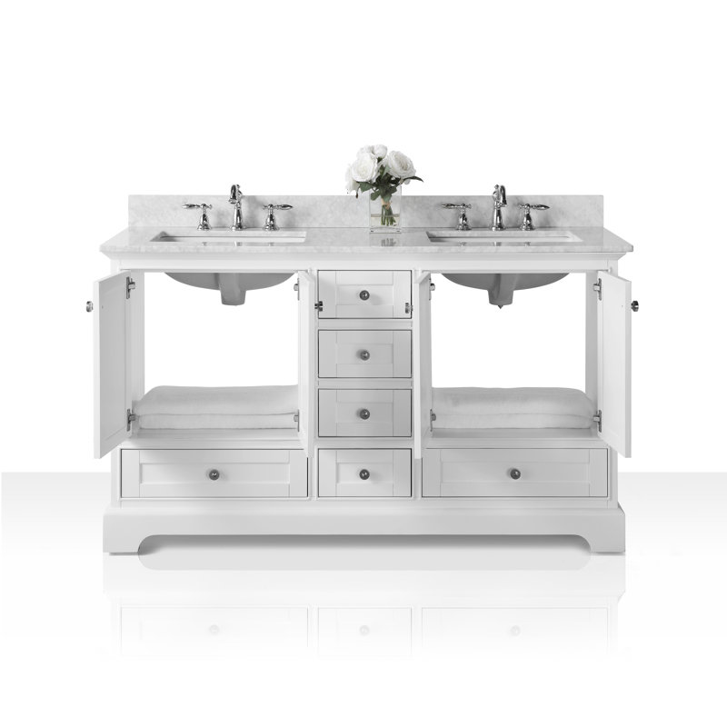Ensemble de meuble-lavabo double 60 po Varna, Blanc / nickel brossé, Marbre blanc de Carrare