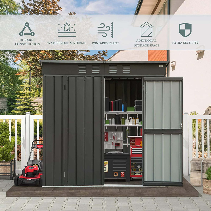 Backyard Storage Shed With Sloping Roof Galvanized Steel Frame Outdoor Garden Shed Metal Utility Tool Storage Room With Latches And Lockable Door (6X4ft)