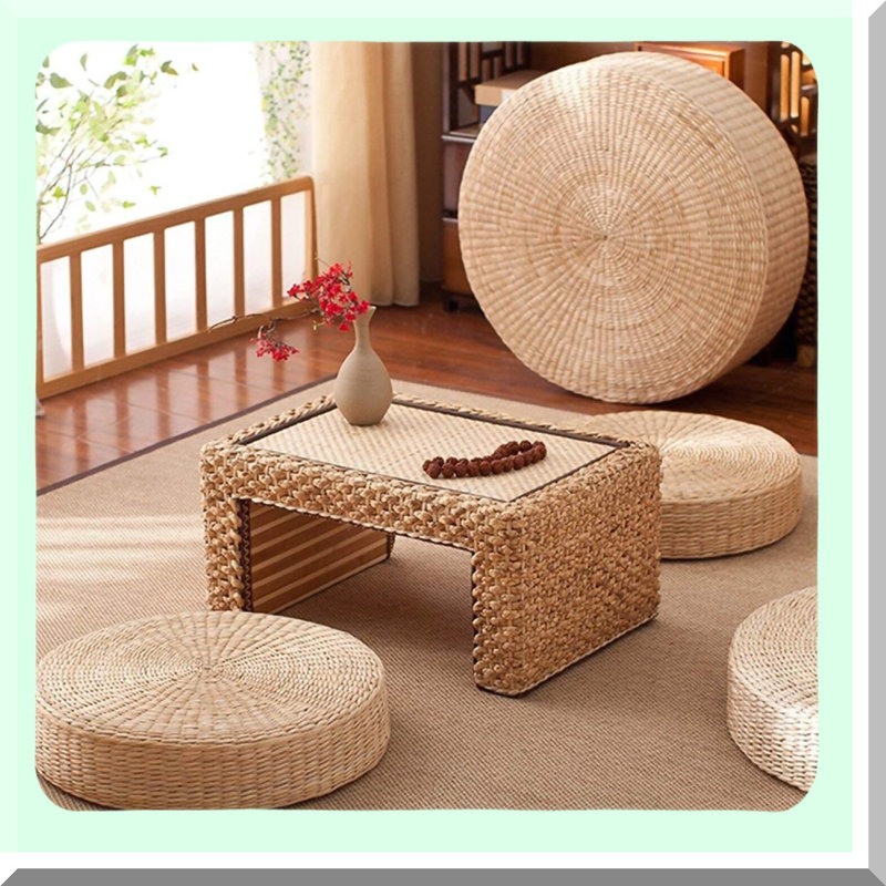 Tatami Round Floor Cushion Set - 2 Pack Bigger Size Diameter (19.7 inch( 50CM)) Sitting Pillows for Outdoor Seating, Padded Straw Mat for Room Decor