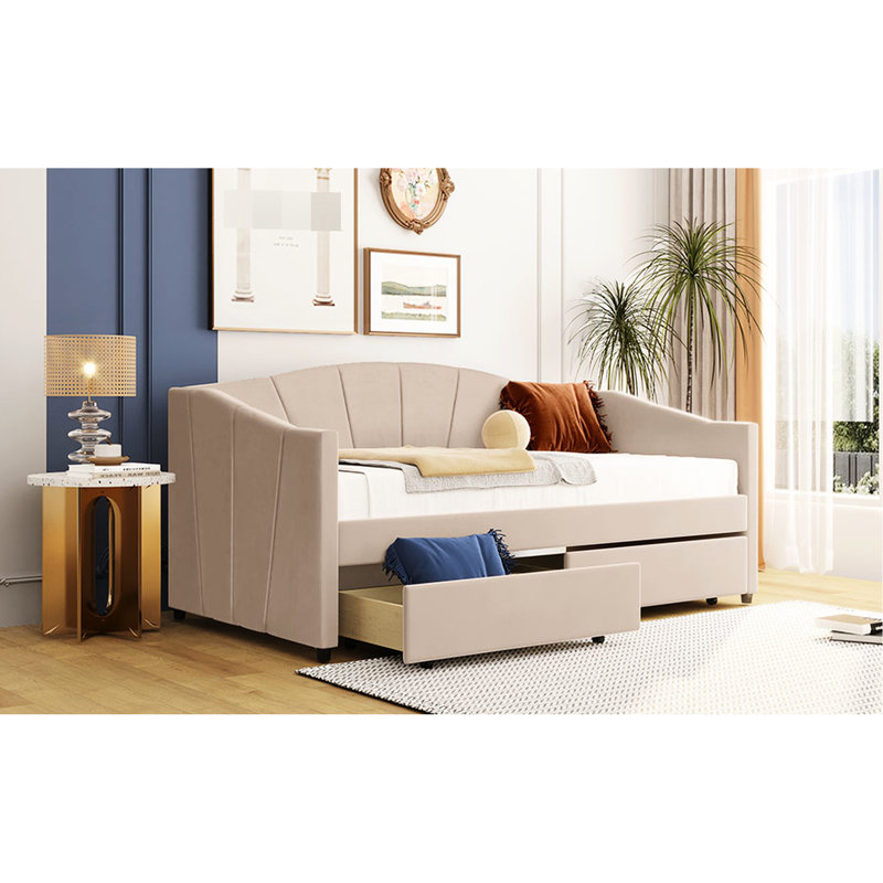 Lit de jour rembourré beige avec deux tiroirs pratiques et un tissu doux recouvrant des systèmes de tiroirs spacieux - Améliorez vos options de rangement