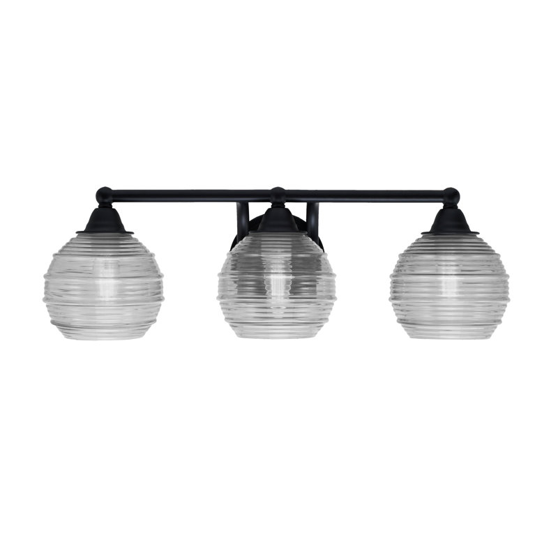 Som 3 Light Bath Bar Shown In Matte Black Finish With 6" Ribbed Glass, Light Gray