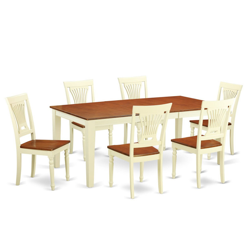 7 Piece Kitchen Table & Chairs Set Consist of a Rectangle Dining Room Table with Butterfly Leaf and 6 Solid Wood Seat Chairs, Buttermilk & Cherry