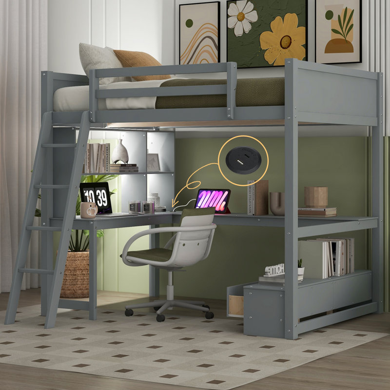 Lit mezzanine multifonctionnel avec bureau en L multi-rangement, lumière DEL, station de charge USB et banc de rangement pour une utilisation optimale de l'espace et une vie confortable