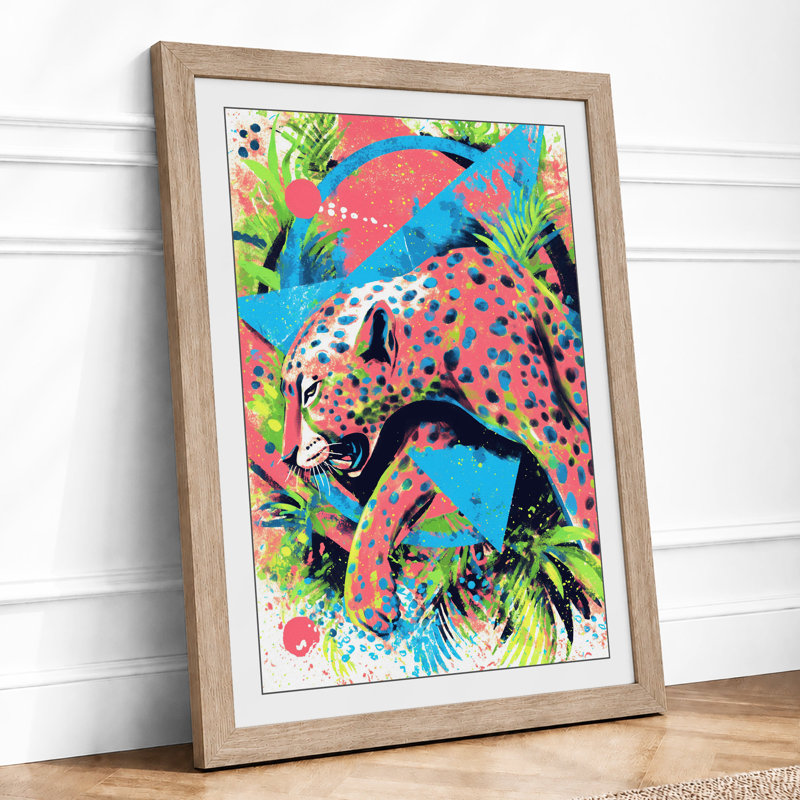 Leopard in Bloom Maximalist 1 Piece Single Picture Frame Wall Art, A3 - 42.0 x 29.7 cm, Oak
