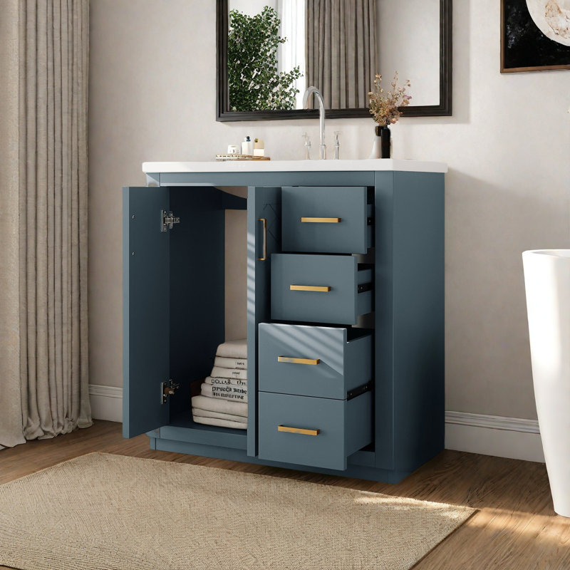 Ensemble de meuble-lavabo 30 po avec lavabo en céramique, armoire de rangement en bois massif, ensemble de meuble-lavabo autoportant avec 3 tiroirs et portes à fermeture douce