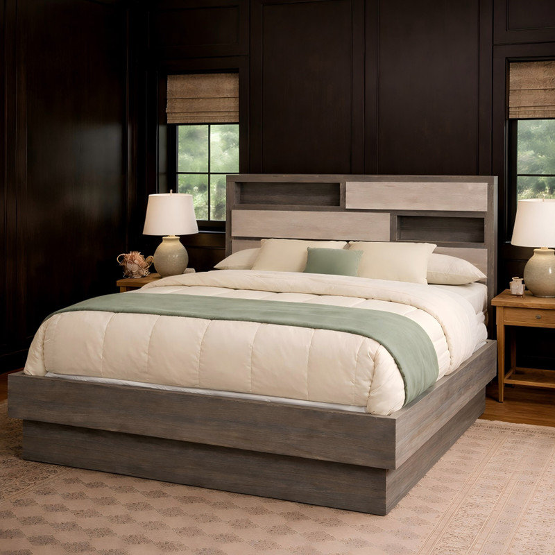 Platform Bed with Storage Headboard and Open Shelving, King