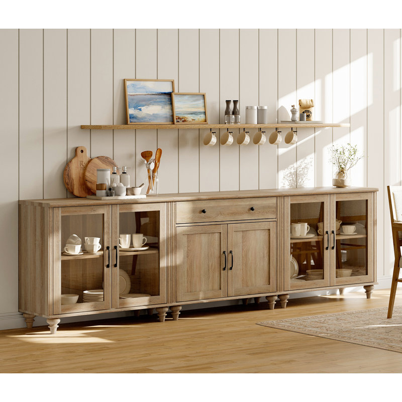 Sideboard Buffet Cabinets With 4 Glass Doors And A Drawer, Farmhouse Wood Large Sideboard Credenza For Dining Room, Modern Ample Storage Cabinet For Living Room, Oak, 102 Inch