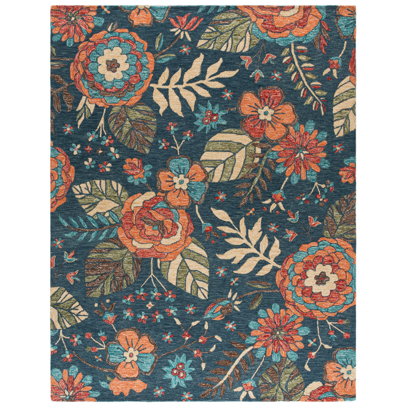 Tapis floral en coton touffeté à la main Jardin / Bleu / Vert, Rectangle 8 pi x 10 pi