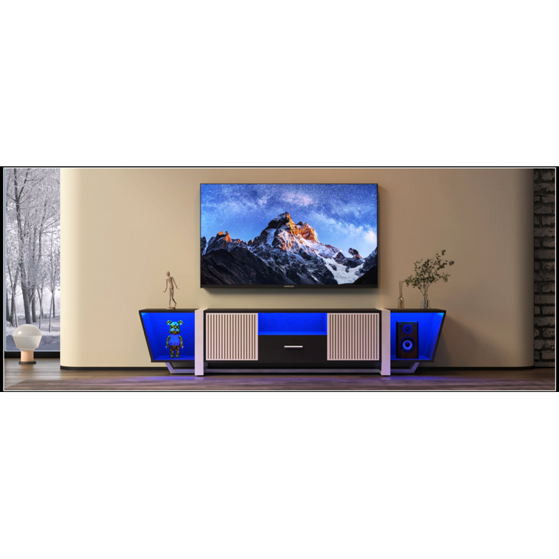 Meuble télé moderne à DEL avec grand espace de rangement et conception biplane, centre de divertissement avec lumières à langer télécommandées