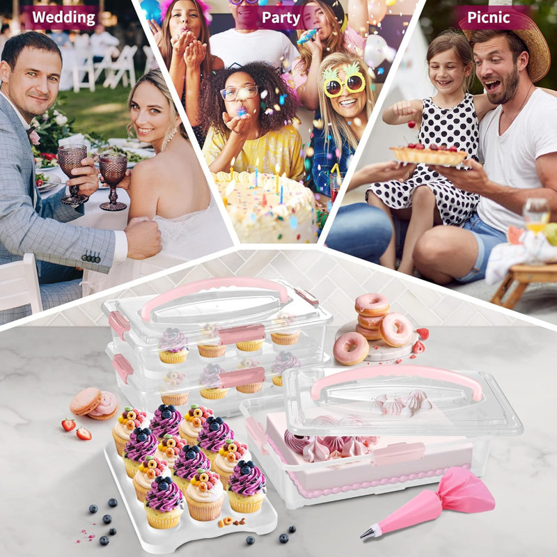 3-Tiers Cupcake Carrier (Pink) - Cupcake Holder And Cake Transport Container That Holds Up To 36 Cupcakes Or 3 Large Cakes - BPA-Free, Great For Parties & Festivals