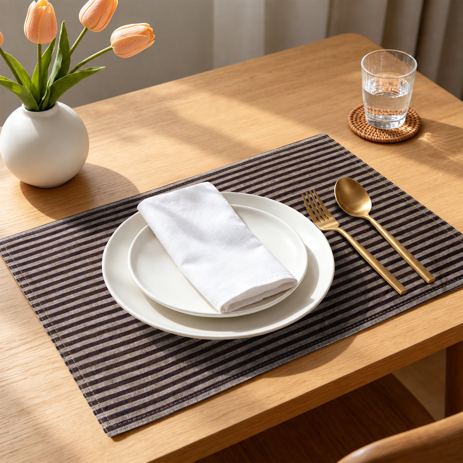 100% Linen Striped Placemat, Chocolate
