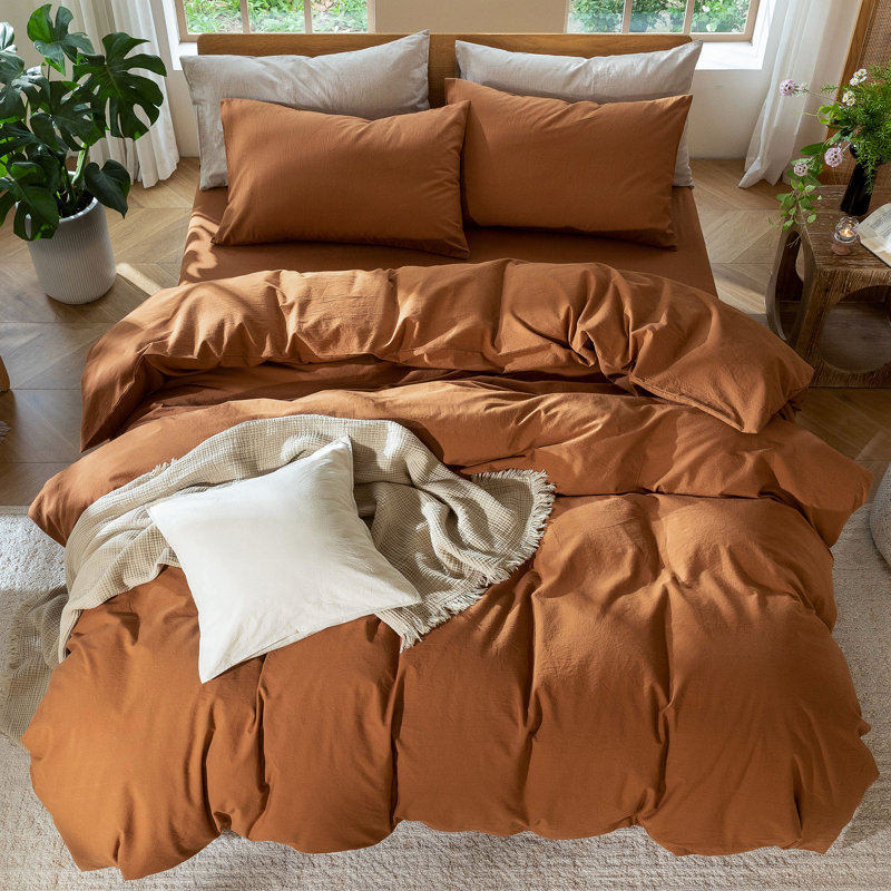 Ensemble de housse de couette 100% coton délavé MooMee, Housse de couette double + 2 taies d'oreiller stan, Orange foncé