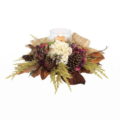 Centralia Fall Candleholder Centerpiece with Hydrangeas, Astilbe, and Pinecones