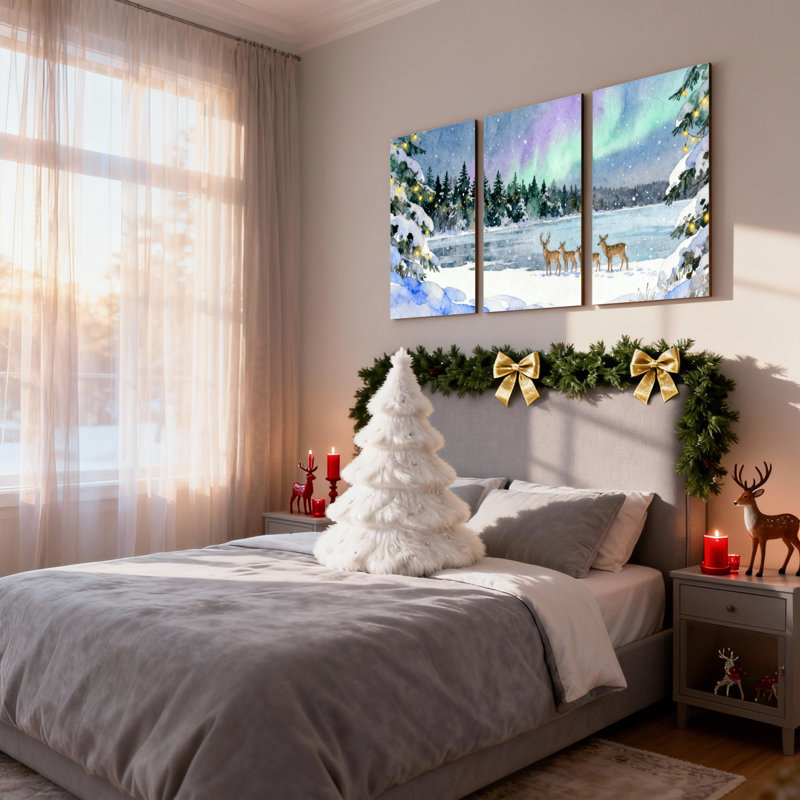 Ensemble de 3 impressions sur toile de Noël, neige, forêt, cerf aurore, H 30 po x l 60 po