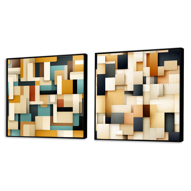 Selby - Ensemble de 2 collages de formes carrées abstraites, Cadre flottant noir, H 16 po x l 33 po