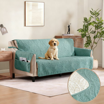 Quilted Medallion Sofa Slipcover, Anti-Slip Water-Repellent Cover For 3-Cushion Couch, 1 Piece (Sage Blue)