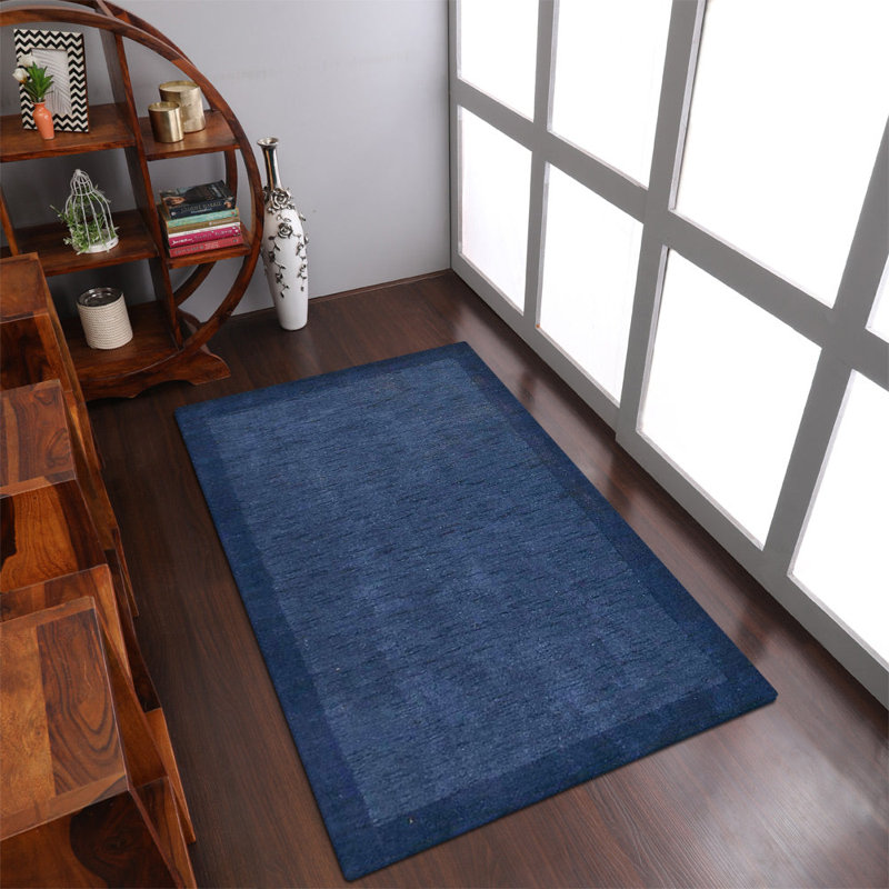 Tapis écologiques en laine nouée à la main Kenshawn - Carré | Couleur bleue | Design contemporain contemporain | Tapis antidérapants épais faits à la main pour le salon