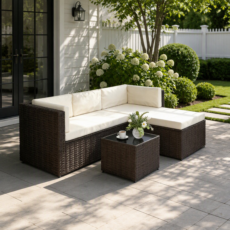 Ensemble de conversation de patio extérieur en osier trois pièces avec sofa méridienne et table basse en verre