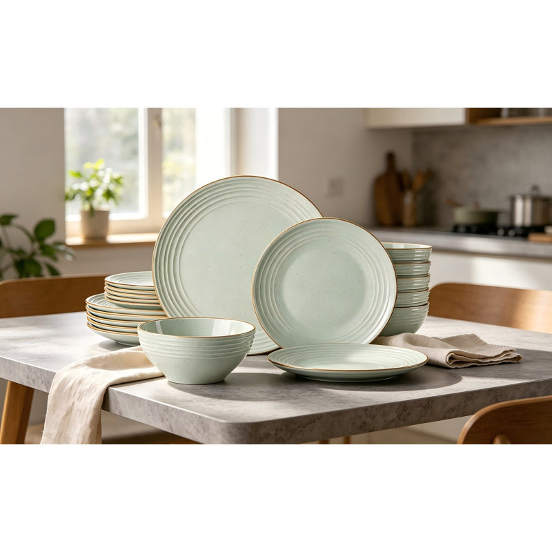 Service de table Jupiter en grès, 18 pièces, comprenant 6 assiettes et bols en céramique à rebord, résistant aux ébréchures et aux égratignures, compatible micro-ondes et lave-vaisselle, pour un usage quotidien et formel, vert neutre