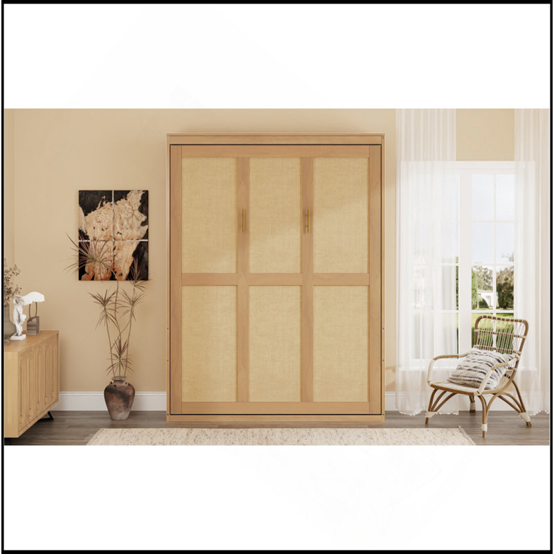 Armoire de lit en bois massif avec rotin Murphy, Lit double, Naturel