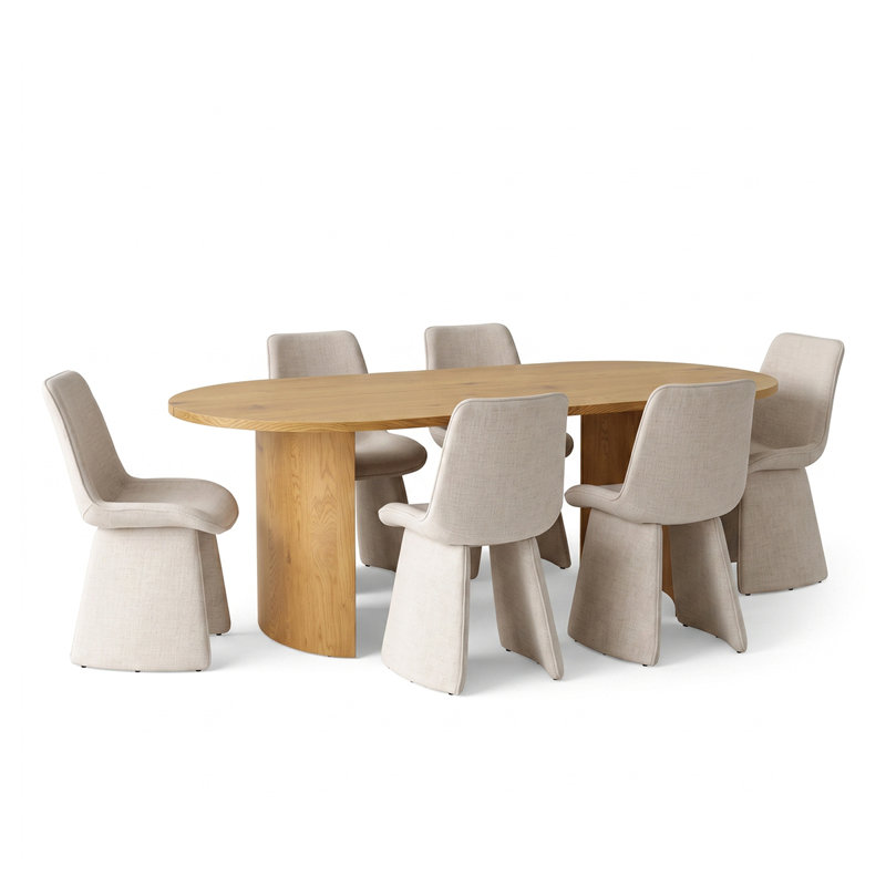 79" Oval Dining Room Set For 6, Modern Wood Grain Dining Room Set With Upholstered Dining Chairs, Beige