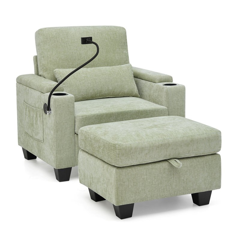 Single sofa recliner with manually adjustable backrest, USB charging port on the armrest side, phone stand included, hidden armrest storage, and a matching storage ottoman