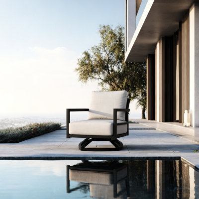 Outdoor Modern Lounge Chair With Swivel Function, Ember Black Aluminum, Smooth Arm - To Back Transition, And Fade Cushion Comfort Pad