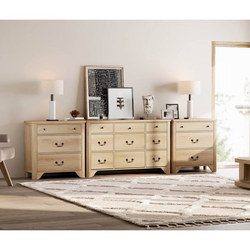  Ensemble de commode de chambre 3 pièces, commode 9 tiroirs et commode 3 tiroirs Haikey, Chêne