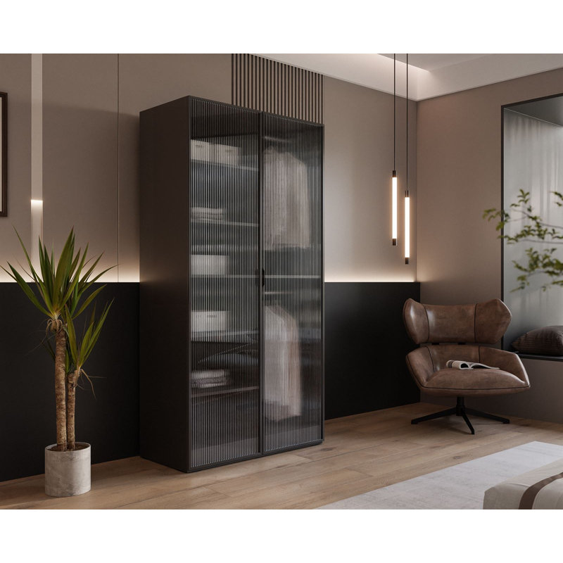 Manufactured Wood Wardrobe, Black Graphite/Fluted Glass