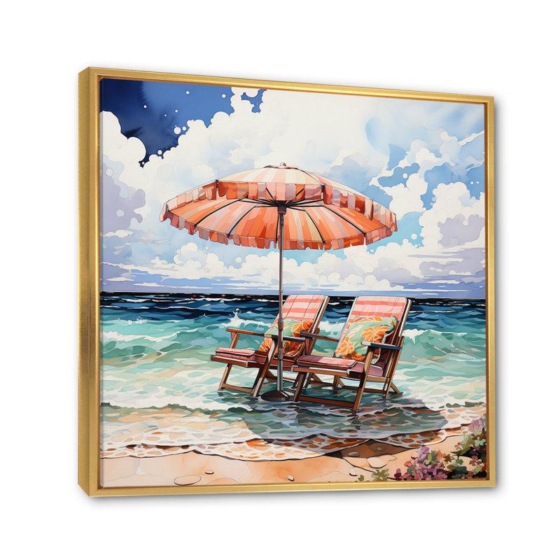 «Beach Chairs Dream III», reproductions d'art mural nautique et plage, 16" H x 16" W, Cadre flottant doré
