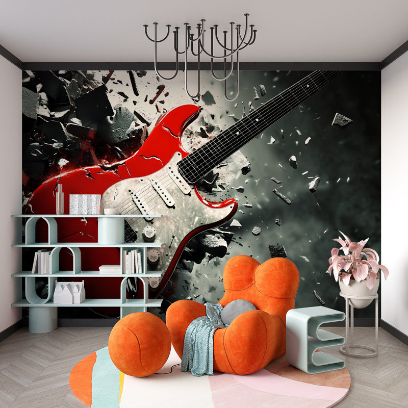 Papier peint guitare électrique qui explose - peinture murale Rock, L 165 po x l 110 po, Non tissé