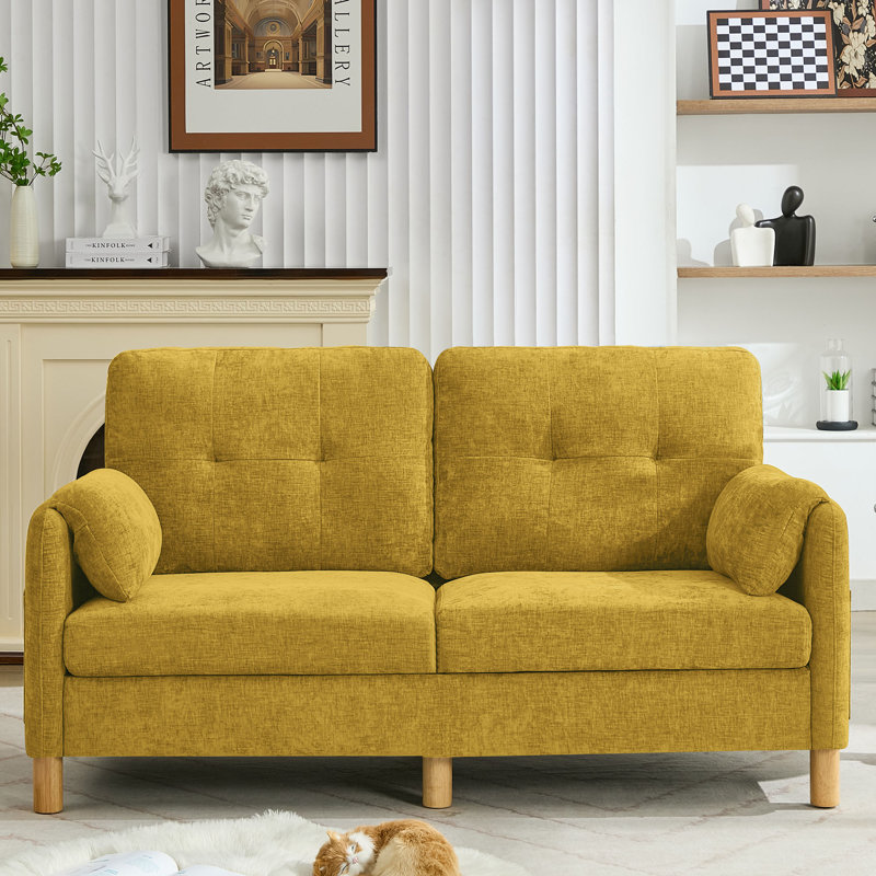 Canapé 65,4 po en chenille touffetée - Structure en bois robuste, poches de rangement, Yellow