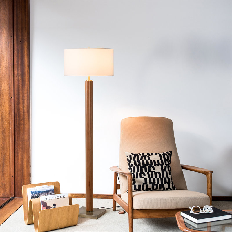 Tambo Floor Lamp -  Weathered Brass, White linen Shade, Dimmer, Natural Ash