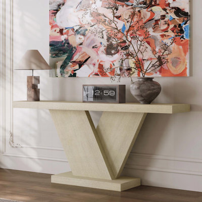 Console de style moderne à 66 pieds en X avec placage en bois massif, table de couloir d'entrée robuste pour les petits espaces, table de chevet étroite de style Mid-Century avec design géométrique et plateau large, chêne délavé