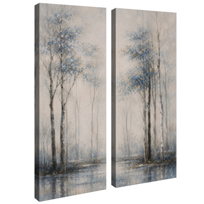 Décor minimaliste « Bouleaux bleus et dorés au bord de l'eau » – Ensemble de 2 impressions sur toile encadrées 32 po x 12 po x 2 po